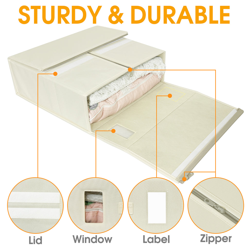 4C'Son Foldable DOUBLE ZIPPERS Bed Sheet Organizer, Fabric Storage Bins for Bed Sheets, Linen Bedding Organizer for Closet with Window and EXTRA STURDY handle (2 PACK - IVORY)