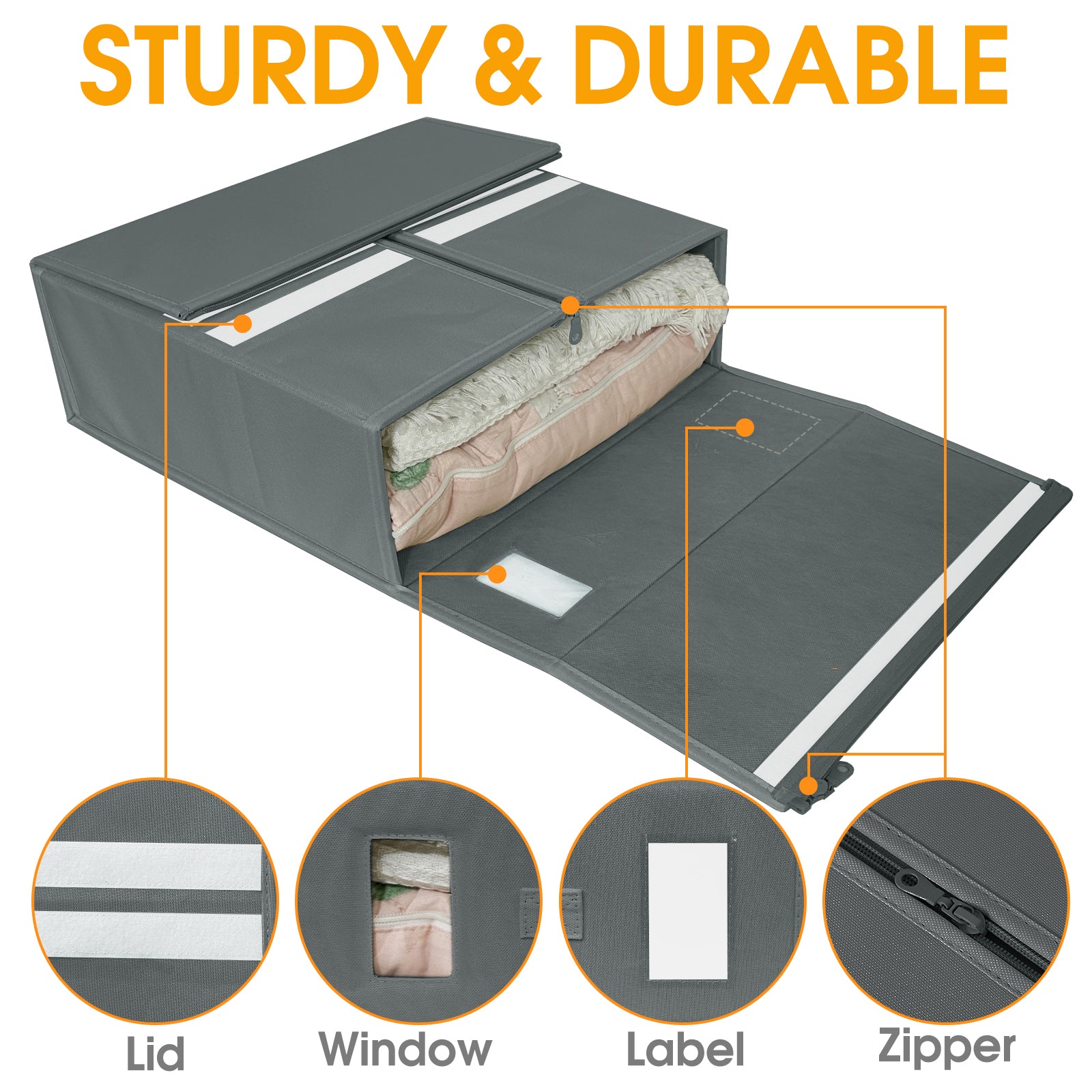 4C'Son Foldable DOUBLE ZIPPERS Bed Sheet Organizer, Fabric Storage Bins for Bed Sheets, Linen Bedding Organizer for Closet with Window and EXTRA STURDY handle