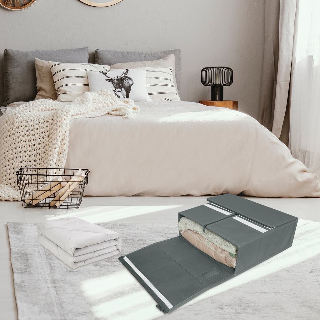 4C'Son Foldable DOUBLE ZIPPERS Bed Sheet Organizer, Fabric Storage Bins for Bed Sheets, Linen Bedding Organizer for Closet with Window and EXTRA STURDY handle