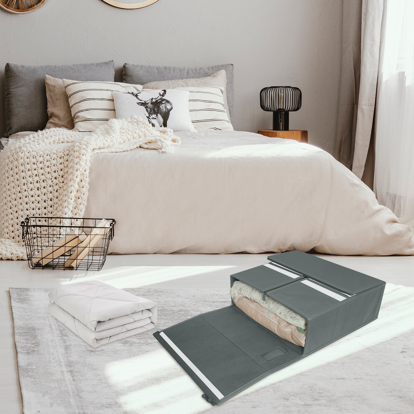 4C'Son Foldable DOUBLE ZIPPERS Bed Sheet Organizer, Fabric Storage Bins for Bed Sheets, Linen Bedding Organizer for Closet with Window and EXTRA STURDY handle